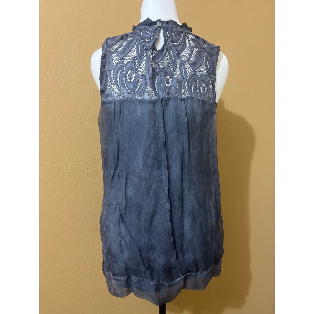 100% Silk Made in Italy Floral Lace Ruffle Neck Sleeveless Blouse Slate Blue M - Picture 4 of 6